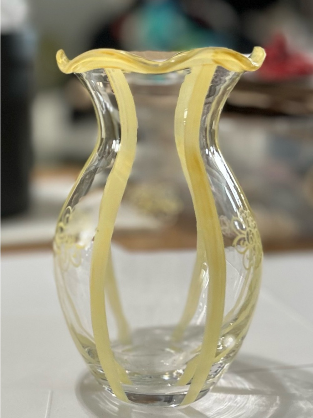 Vintage FTD Vase with Yellow Ruffled Rim and Vertical Stripes